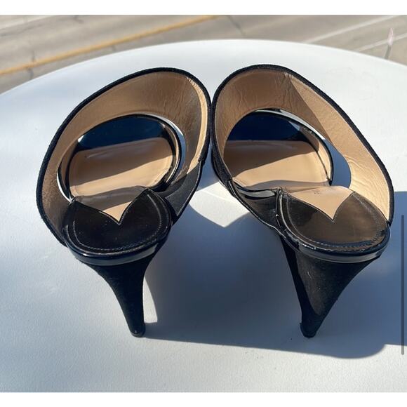 Paul Andrew Black Open Toe Patent Velvet Wedge Sandals - Picture 6 of 14